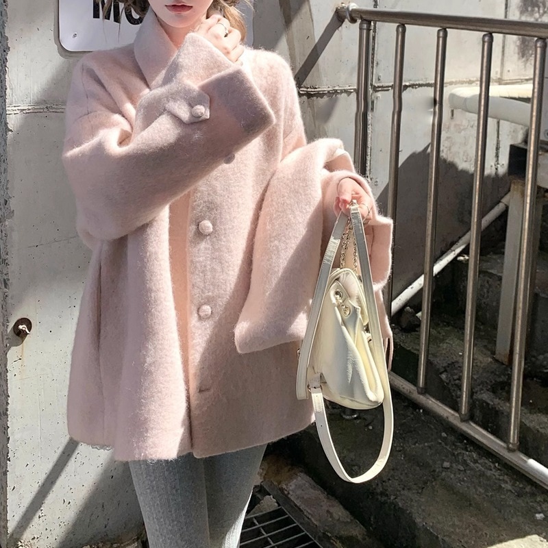 アウターファー毛皮アウターfwヘザーウェイ絵画展おとなしい女性のマフラーウール開襟ピンクコート優しいコート女性のデザイン感