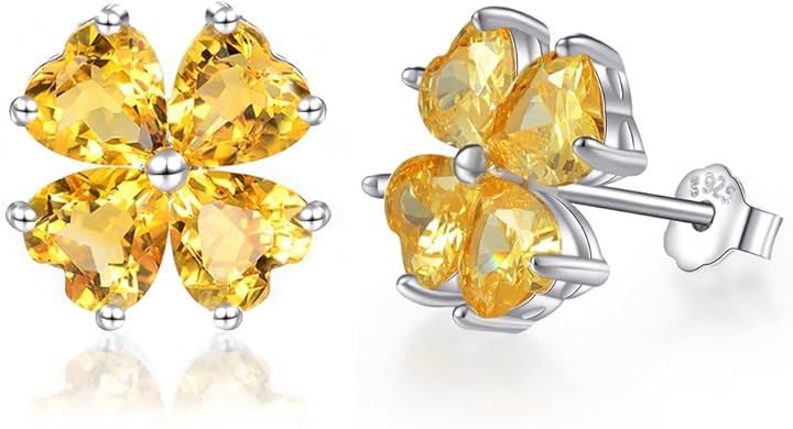 幸運四つ葉のクローバー 女性 6.4ct シトリン 925純銀製 シルバー ピアス K18コーティング 金属アレルギー対応( 11月 誕生石 シトリン (黄水晶))
