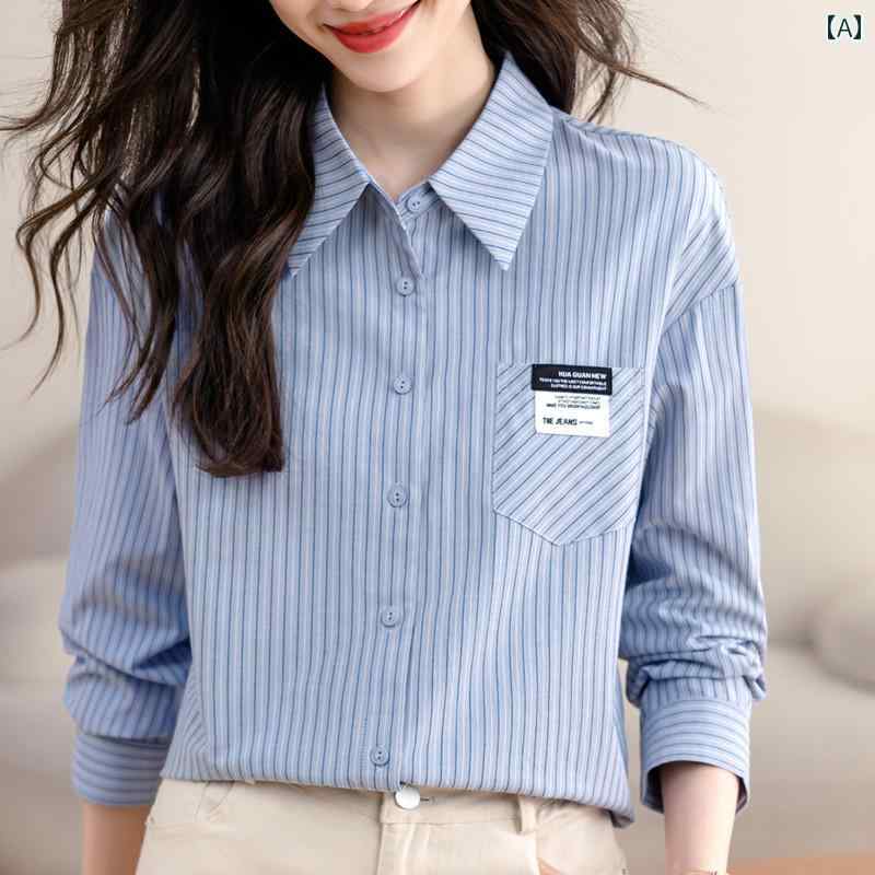 レディース 春秋 ブラウス フォーマル 婦人服 女性用 トップス シャツ ブラウス 長袖 シンプル カジュアル ストライプ ブルー