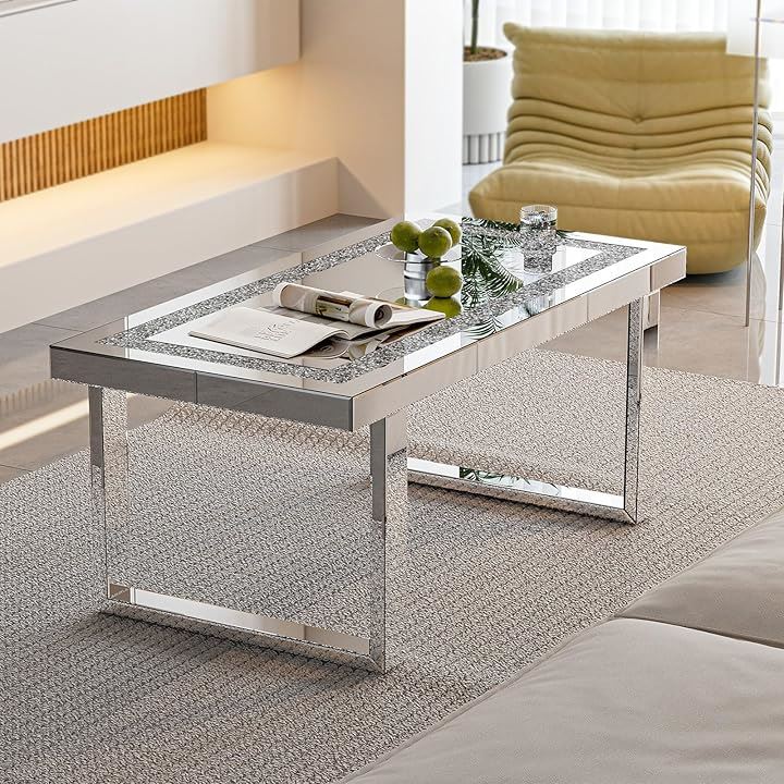 ローテーブル ガラス おしゃれ コーヒーテーブル ミラー センターテーブル 高級リビングテーブル鏡面 強化ガラス天板 上品(シルバー, Small（幅90x奥行45x高さ40cm）)