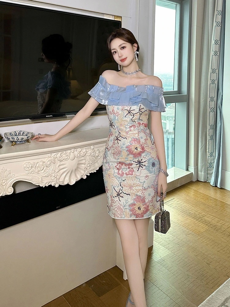 【JY.上品】 2024夏新品 オフショルダー ベアワンピ 花柄 ショート ドレス パーティー キャバ 着痩せ 大人 同窓会 披露宴 卒業式 結婚式 演奏会 ウェディング 二次会 メガ割