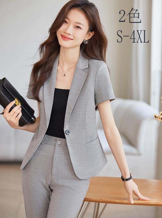 通勤お仕事服 オフィスビジネスリクルート半袖 通勤 OL 面接 入学式 入園式 転職 卒業式 同窓会 セレモニー フォーマルスーツセット オシャレ 大きいサイズ 気質 細身 着痩せ スーツセット S