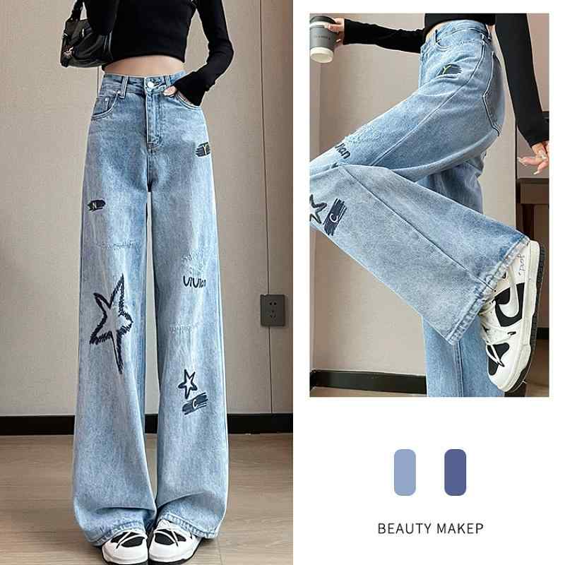 レディース ファッション カジュアル おしゃれ 軽量 涼しい カラー 刺繍 ワイドレッグ ジーンズ 春夏 ハイウエスト ストレート ドレープ レングス パンツ トレンディ