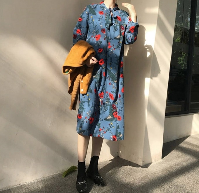 1632.花柄シャツロングワンピース（ブルー）2019 春夏 sale 通学 通勤 普段使い 女子会 レストラン カフェ ショッピング お呼ばれ