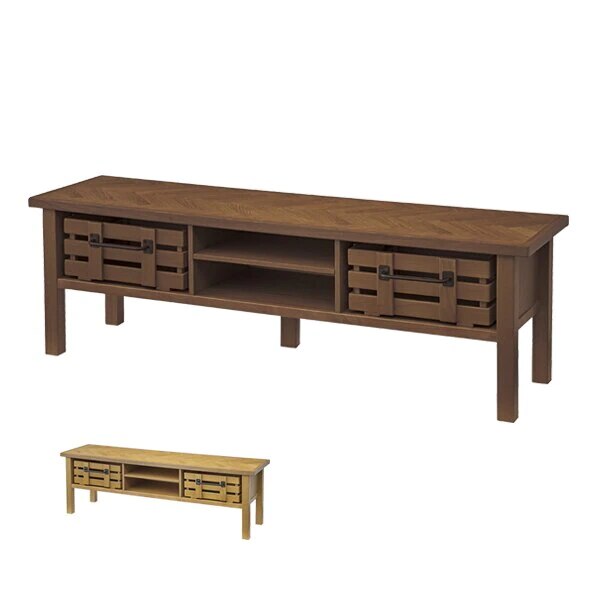 テレビ台 ローボード 天然木 木製カゴ付 ヘリンボーン組木 幅150cm