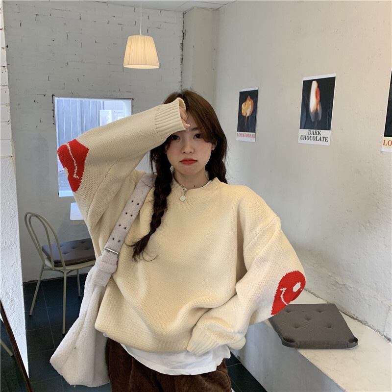 セーター レディース 袖あり 長袖 ボリューム袖 萌袖 Uネック ラウンドネック 襟なし ワイド 白