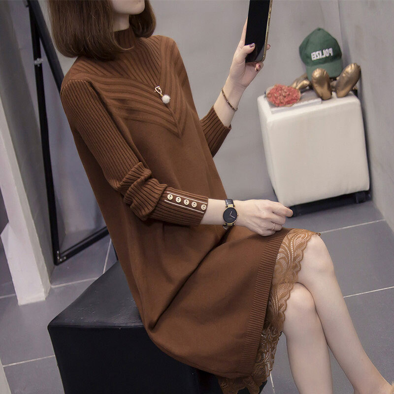 ワンピース レディース ニットワンピース L XL 2XL 3XL 4XL 韓国 プルオーバー 膝丈 ロング 長袖 レース ハイネック かわいい 大人可愛い おしゃれ お洒落 上品 キュート ガーリー