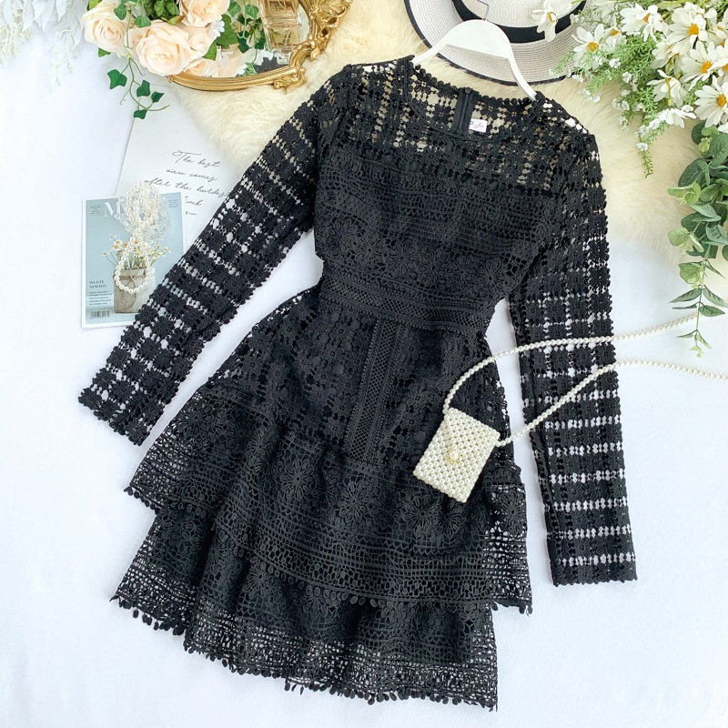 ワンピース レディース ひざ下 長袖 無地 秋 冬 スリム ストレート Aライン 裾フレア 透け感