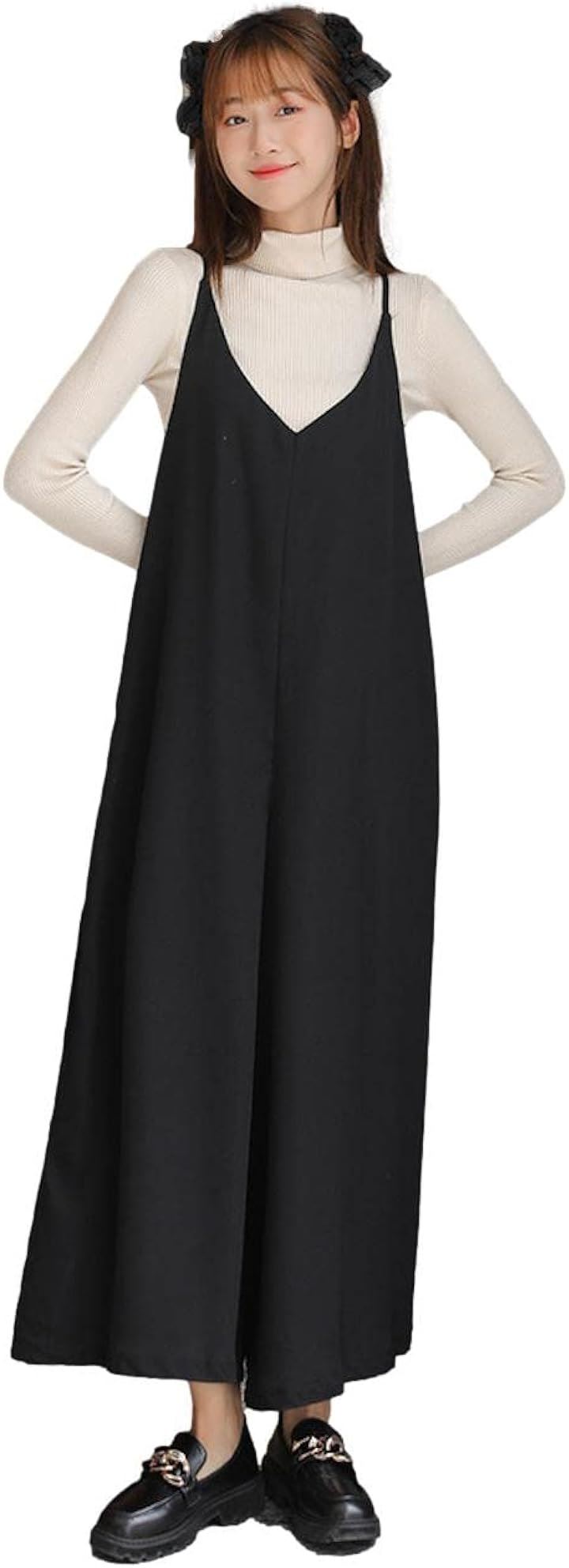 ジェイスコット オリジナル仕様 肩ひも調整アジャスター付き サロペットパンツ オールインワン ワイドパンツ(ブラック, L)