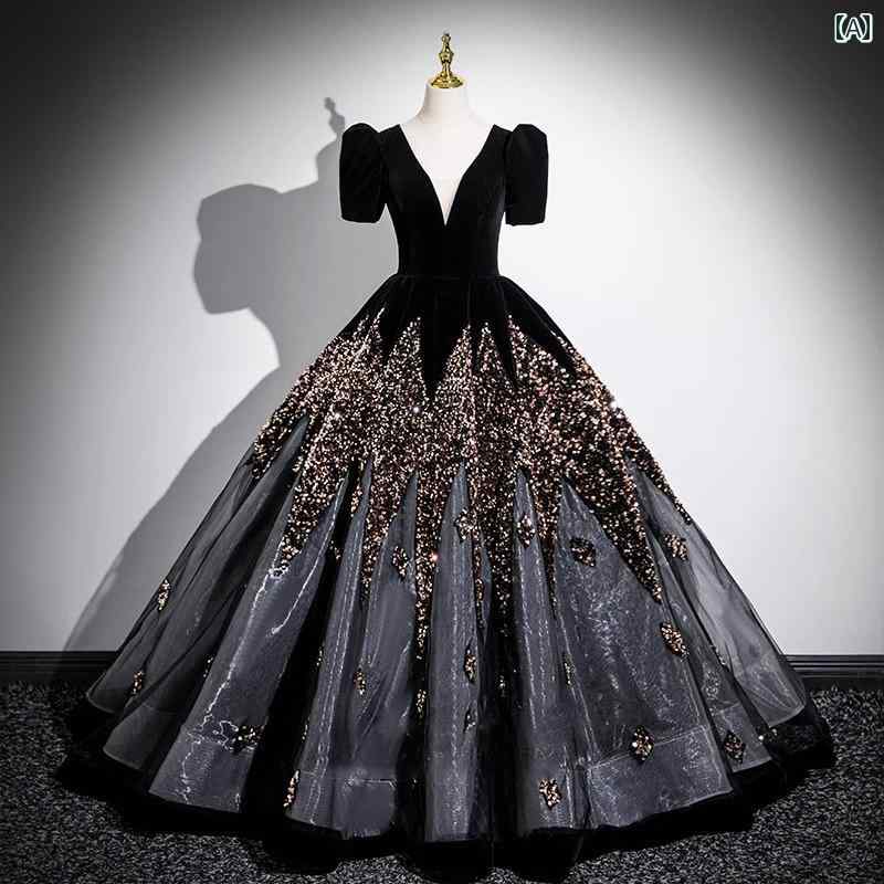 ドレス　パーティー　レディース 黒の イブニングドレス 高級 スパンコール 学生の 日 成人 式 美術 試験 ボーカル ソロ 司会者 の プリンセス ドレス 年次 総会