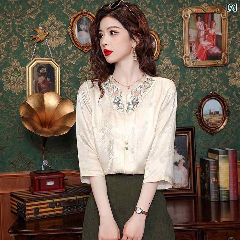 シャツ トップス レディース ブラウス きれいめ 上品 夏 ジャカード ハイエンド 七分袖 レトロ 刺繍 中国
