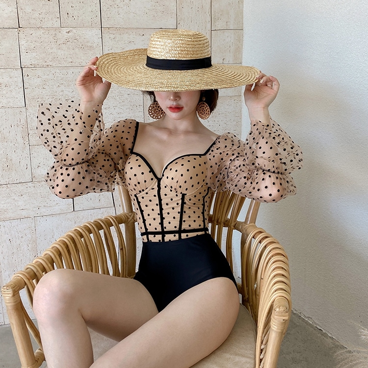 ドットロングスリーブワンピース水着/長袖シースルーラッシュガード