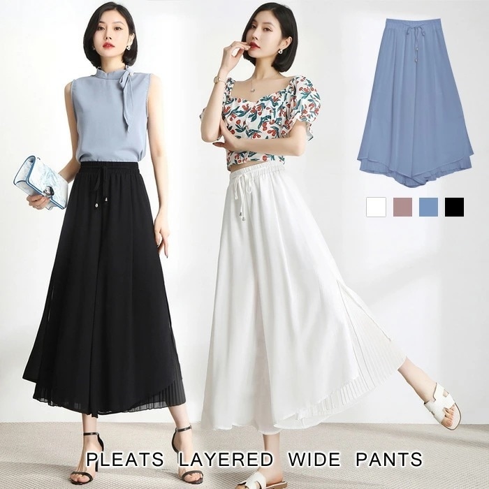 【急速出荷】 ワイドパンツ レディース 秋 冬 秋冬 黒 白 ガウチョパンツ クロップドパンツ ロングパンツ シフォン 7分丈 フレア パンツ ウエストゴム ブラック ホワイト ピンク ブルー カジ