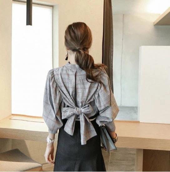 シャツ レディース 大きいサイズ バックリボンハイネックタータンチェックシャツ 新作シャツ バックコンシャス トレンド 韓国デザイン 韓国ファッション オルチャン 春服 春新作 新作 シャツ