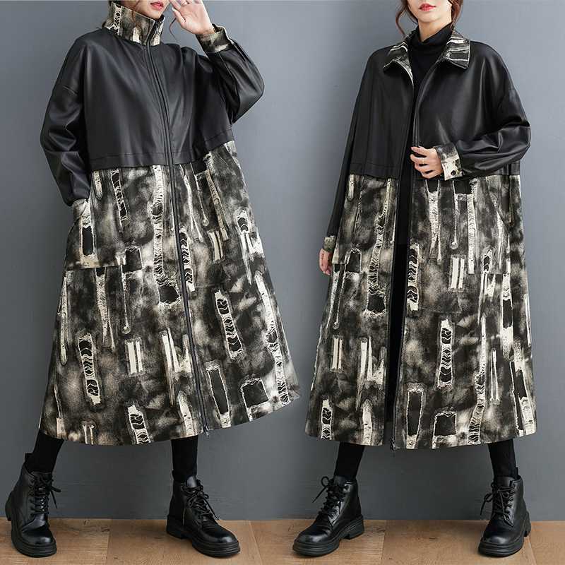 「ファットガール」 2025秋新品 PUレザー ドッキング ロングコート ファスナー 大きいサイズ 体型カバー レディース アウター メガ割