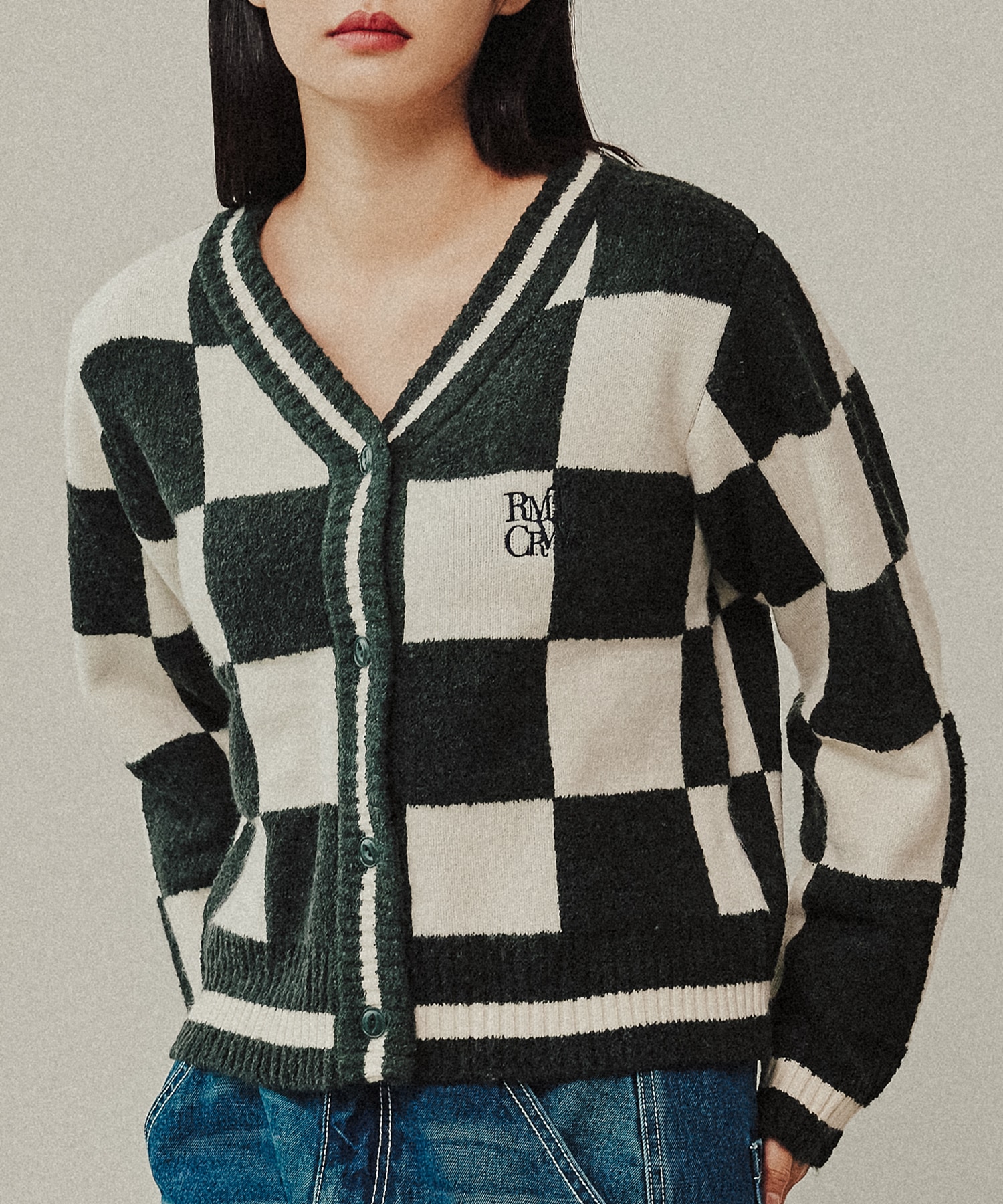 ロマンティッククラウンチェッカーボードテリーカーディガン_グリーン
