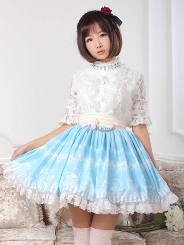 【短納期】ロリィタスカート　ブルー　ポリエステル　プリント柄　カジュアル　可愛い