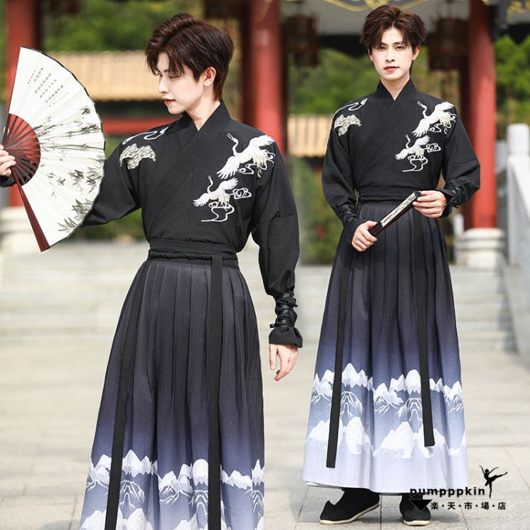 激安価格！華流 コスチューム 変装 男性用 黒系 漢服 メンズ コスプレ衣装 中華服 大人 舞台ステージ衣装 チャイナ服 上下2~3点セットアップ 長袖 鶴 刺繍 交差襟 トップス グラデーション 巻