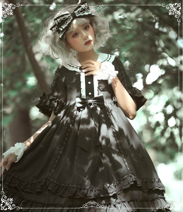 ゴシック ロリータワンピース ハロウィン コスプレ衣装 ゴスロリ 半袖ワンピース ロリータ服 ティアードワンピース 変身仮装 コスチューム 学園祭 文化祭 イベント 撮影衣装 暗黒 ドレス