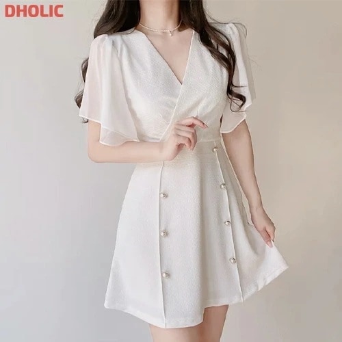 [メガ割りSALE]シフォンボタンジップアップVネックパール調ボタンラップ調半袖フレアミニスリム配色ワンピース