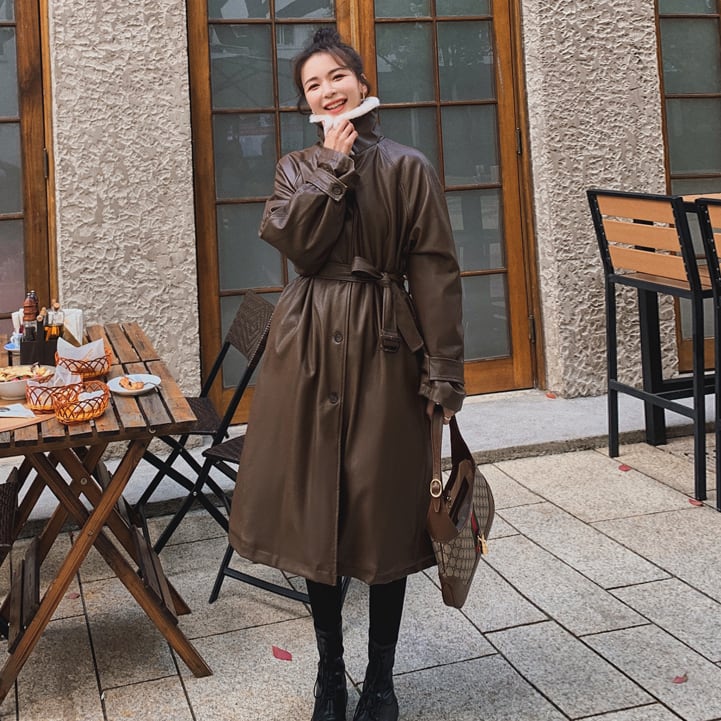 もこもこ レザーコート アウター ロング l コート レディース かっこいい フェイクレザー ボア スタンドカラー 襟 個性的 長袖 大人可愛い 茶色 バイカラー ベルト 大人 カジュアル 上
