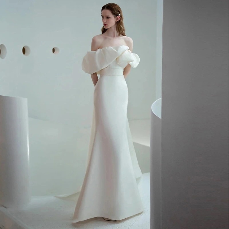 韓国新作追加!!! 結婚式 サテン シンプル ワンショルダー フィッシュテールスカート ドレス ドレス ワンピース ウエディングドレス 花嫁 披露宴 二次会 謝恩会 発表会 演奏会 女子会