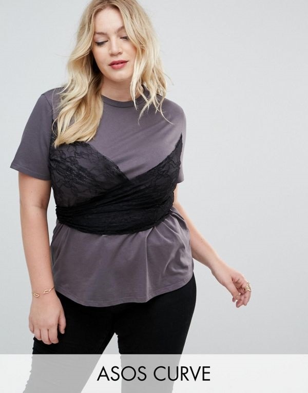 ASOS エイソス レディース 大きめサイズ ゆったりサイズ 送料無料 Black CURVE T-Shirt with Lace Wrap