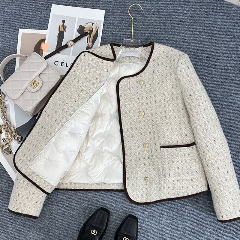 2025 冬の新ホワイトダックダウン社交界ダブルブレストツイード小さなフレグランスダウンジャケットショートジャケット女性のための