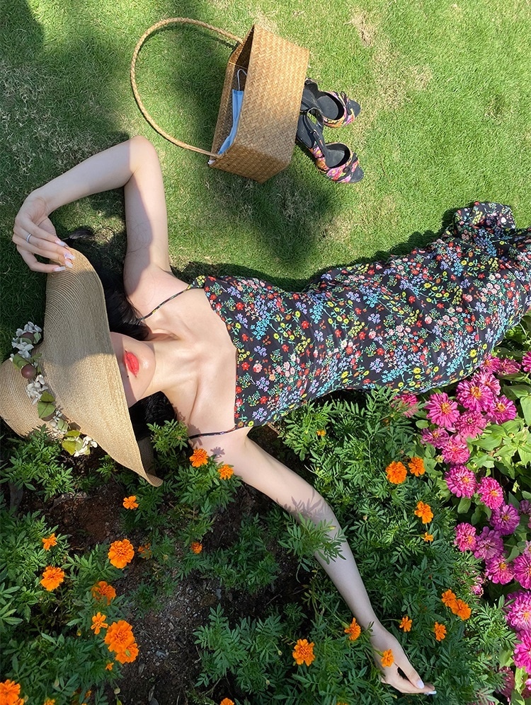 夏 個性的なデザイン シルク 純粋な欲望 スパイス ガール セクシー 花 スリング ドレス 女性 ブラック XS S M ワンピース 膝丈 ひざ丈 袖あり かわいい 大人可愛い きれいめ シンプル