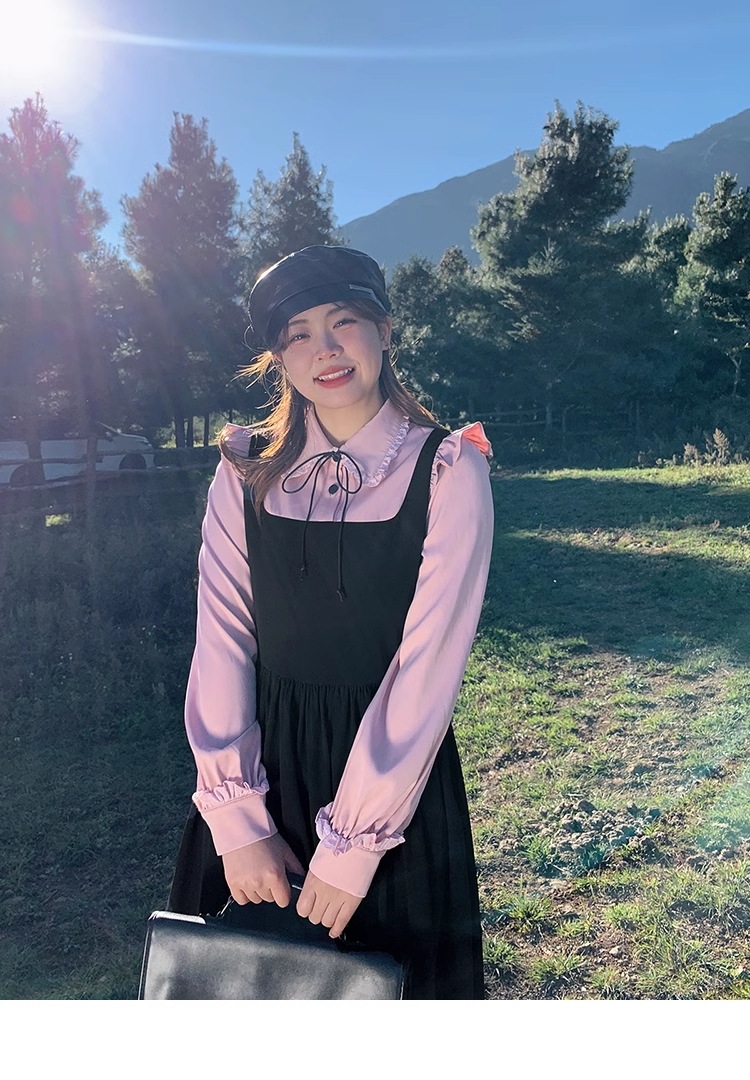 プラスサイズ 婦人服 甘い 春 シャツ ストラップ ドレス ワンピース ロング ロング丈 袖あり 長袖 襟付き かわいい 大人可愛い 大人 上品 おしゃれ お洒落 無地 春 夏 秋 冬 オールシーズン