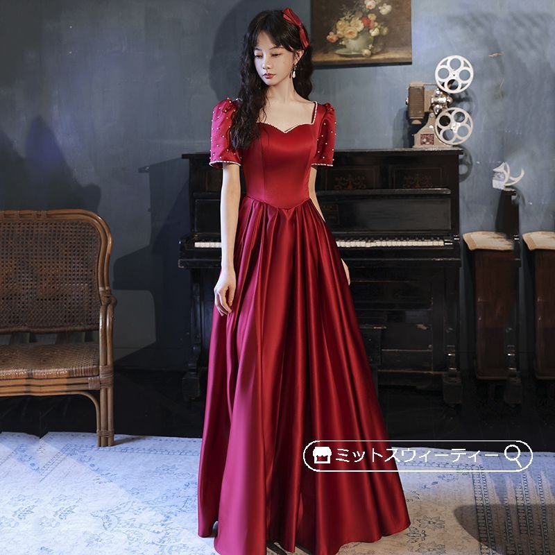 パーティードレス ロングドレス Aラインドレス 半袖 赤 フォマールドレス レッド ビーズ サテン