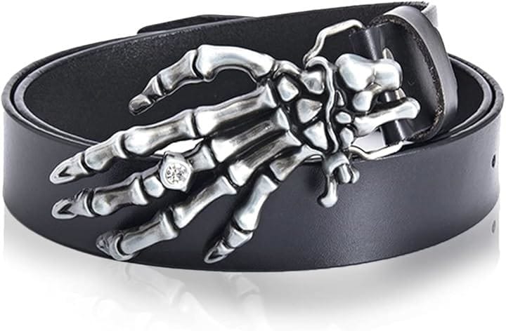 でかスカルハンド バックル レザー ベルト メンズ ドクロ メタルバックル パンク ロック バイカー (1.ブラック, 120)