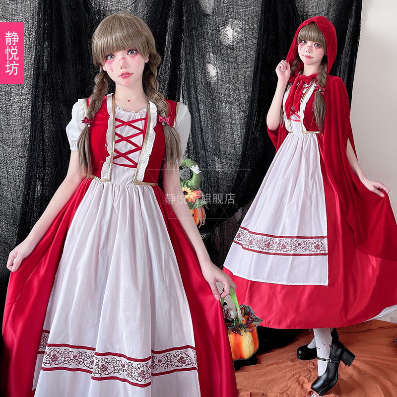 セットアップ コスプレの大人服赤ずきんワンピースストールマントメイド赤マントクリスマスロングスカート ハロウィン