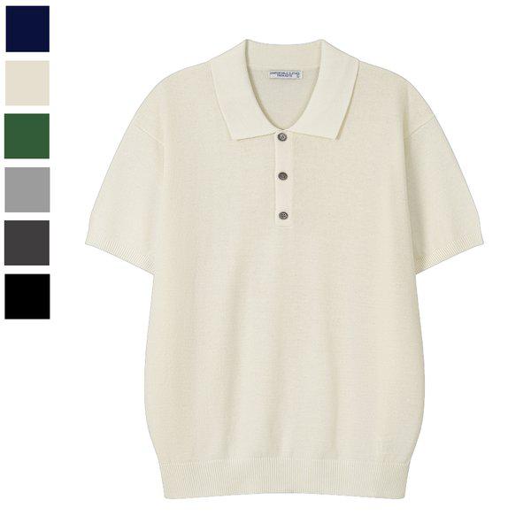 メンズ イズ リネン カラーネック プルオーバー 半袖 ニットTシャツ AS-KNH-Q033-アイボリー