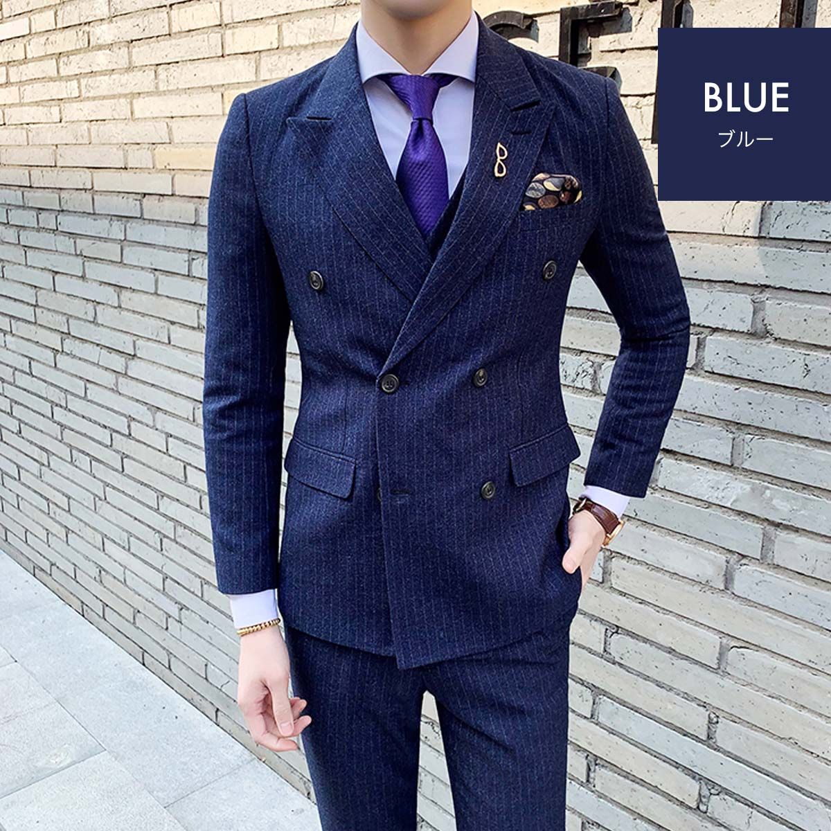 スリムスーツメンズビジネスダブルスーツスリーピース紳士服セッlトアップストライプ2つボタン3ピーススーツウォッシャブル洗える細身3点セット通勤就職入社式卒業式入学式結婚式宴会リゾートオールシーズン