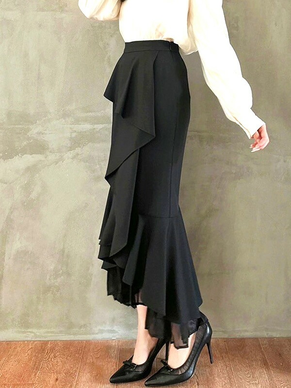 RESEXXY リゼクシー スカート ロング 秋 冬 シアー プリーツ カスケード マーメイド スカート マーメイド スカート アシンメトリー シアープリーツ ラッフル 152460863001