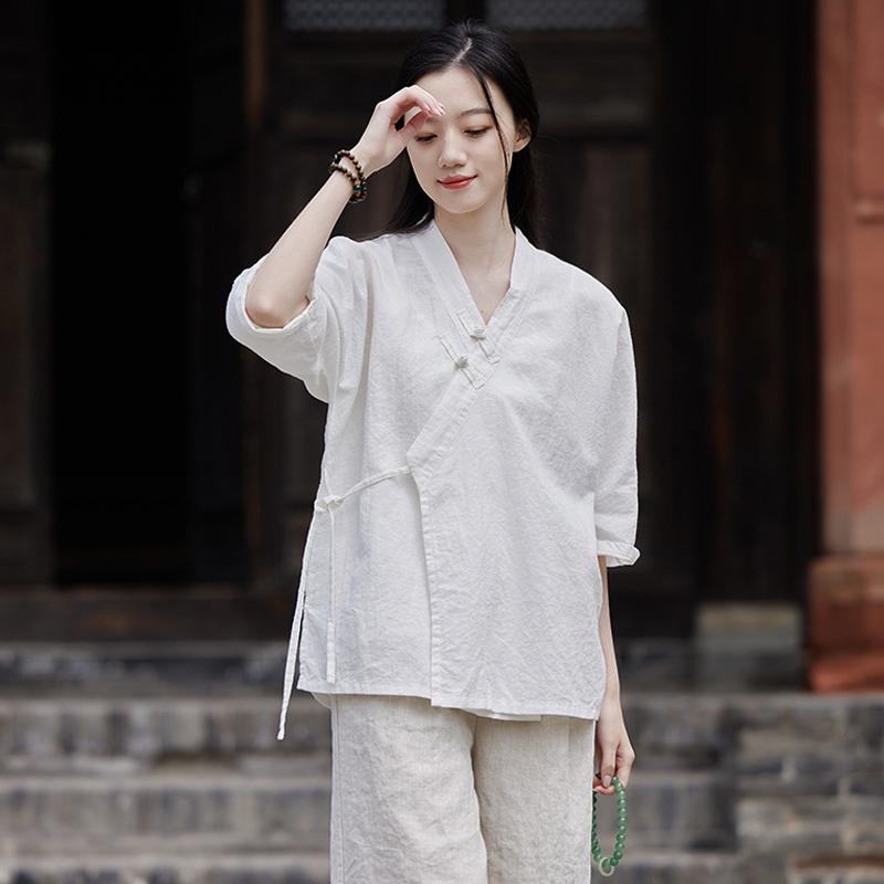 レディース トップス レトロ ナチュラルスタイル カジュアル 普段着 婦人服 シャツ 半袖 チャイナ風 中華風 薄手 ショート