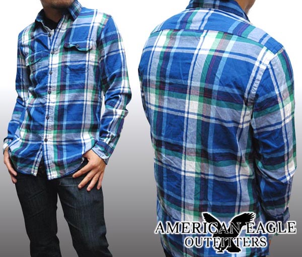 セール アメリカンイーグル メンズ 長袖 ボタンシャツ チェックシャツ ブルー ネイビー American Eagle トップス シャツ インポート ファッション ブランド ストリート サーフ カ