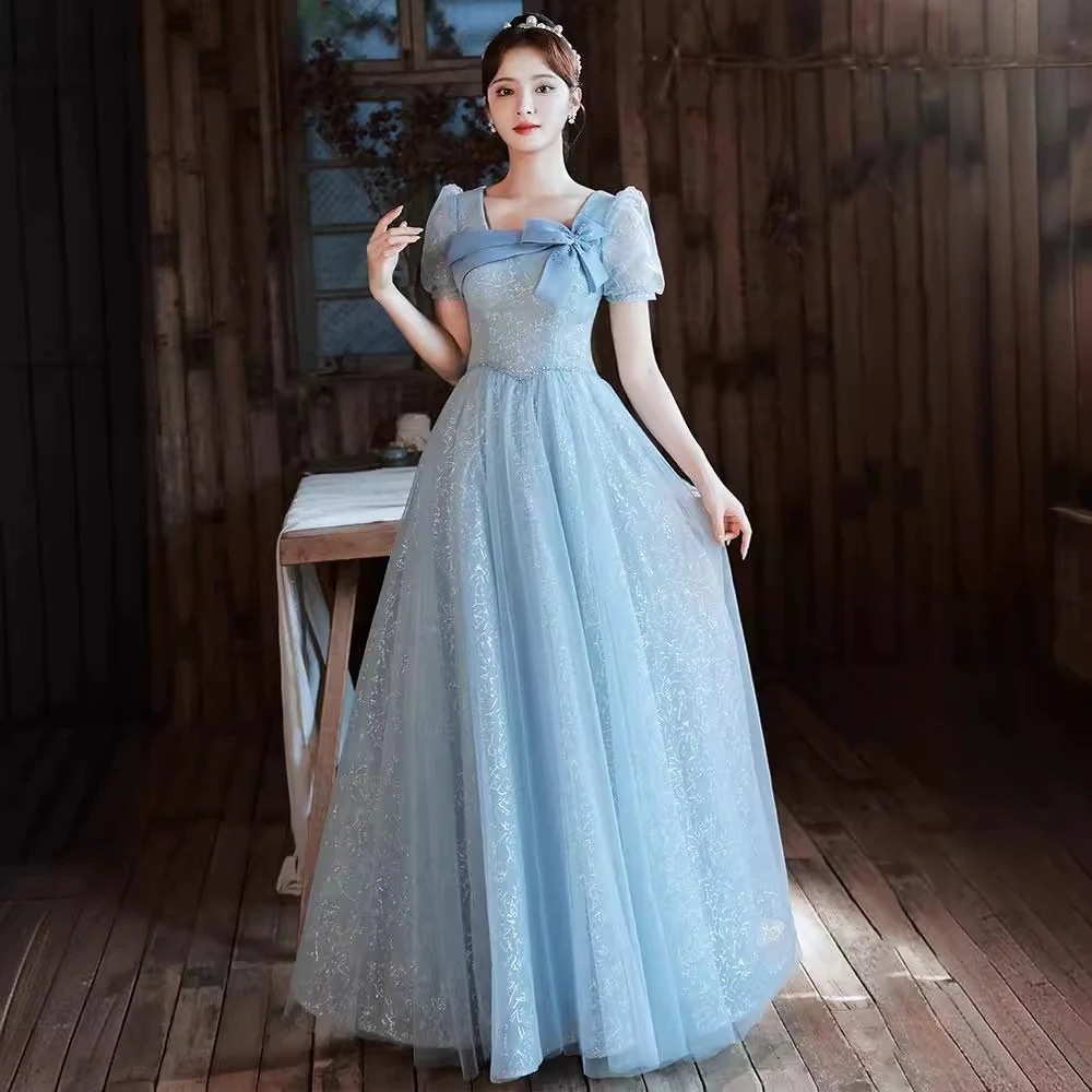 【送料無料】ブルーイブニングドレス 2025新作 ンピース ロング 入学式 宴会 結婚式 ドレス パーティードレス お呼ばれ 披露宴