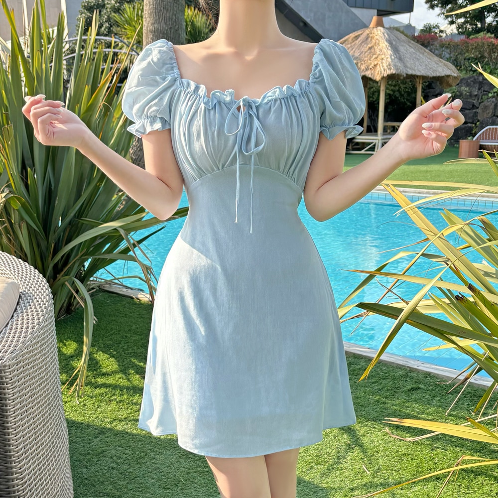 リナ パフ 腰結び フリル リボン オフショルダー ミニワンピース