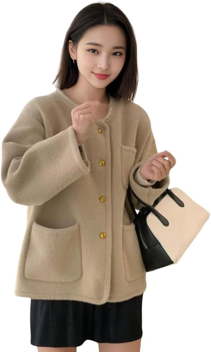 ブルーベリル ボアジャケット ノーカラー ポケット付き 金ボタン ゆったり 秋冬 カジュアル 暖かい 軽量 防寒 レディース 人気 通勤 通学 (ベージュ, XL)