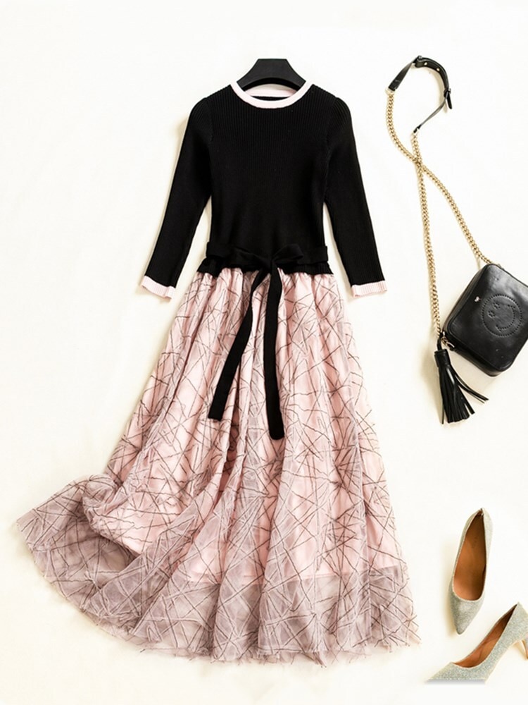 スカート ワンピース ニットソー セーター ロングスカート ミモレ ミモレ丈 7分丈 ミディアム丈 袖あり 長袖 ラウンドネック 襟なし フレア Aライン 切り替えデザイン ドッキング チュール 8,835円