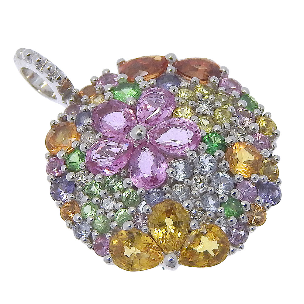 フラワー ペンダントトップ K18ホワイトゴールド ガーネット ダイヤモンド マルチ石 2.16 G0.20 D0.06 約4.7g レディース 中古品 Aランク