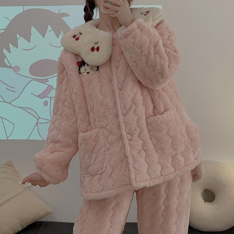 ちびまる子ちゃん 冬用3層キルトパジャマ 女性用 ベルベットプラス増粘 可愛くて暖かい コーラルベルベット 1ホーム服