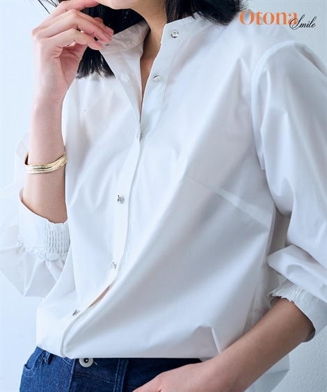 シャツブラウス バンドカラー袖シャーリングシャツ OtonaSMILE