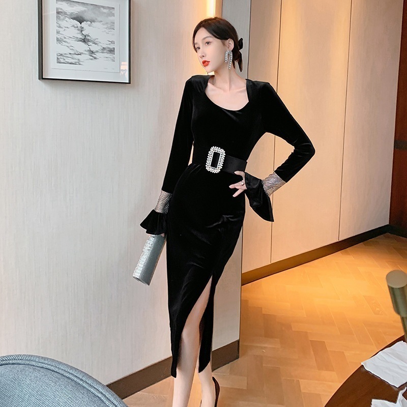 【Fellow 20％割】【JY.上品】 秋 スリットワンピース フリル パーティードレス 着痩せ 大人 お呼ばれ 同窓会 披露宴 卒業式 結婚式 ウェディング 二次会 成人式