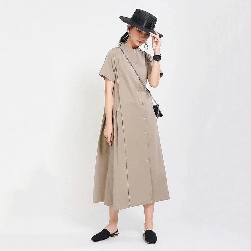 【上品】 ダーク系 ラージサイズ 綿麻 シャツワンピース 大きい裾 ドッキング リネン ロングワンピ 日焼け止め ドレス