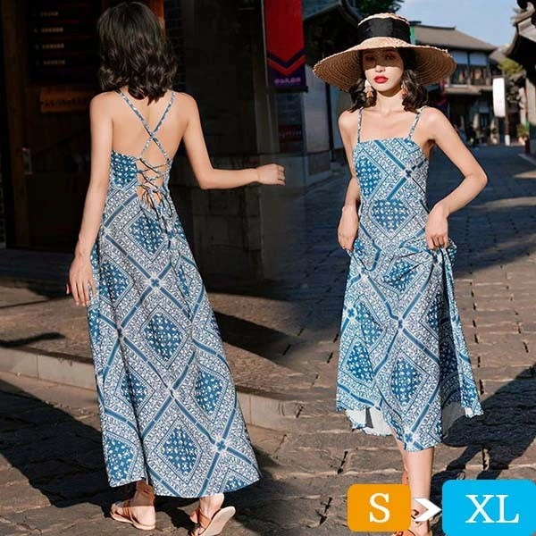 ハワイ リゾートワンピース マキシ丈 ノースリーブ 背中開き 民族風 編み上げ 体型カバー 総柄 夏ワンピ ロングワンピース 沖縄 海外旅行 水色 レディース マキシワンピース おしゃれ 大人可愛い