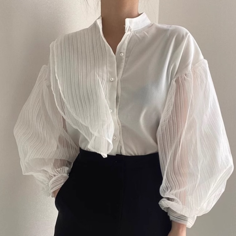 レディース トップス シャツ ブラウス 前開き 長袖 ボリューム袖 襟なし スタンドカラー ワイド レースアップ 透け感 シースルー 薄手 かわいい 大人可愛い きれいめ シンプル カジュアル 上品