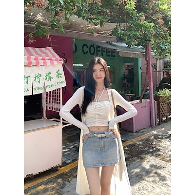 ムルバン高级感巾着首サスペンダーベストvネックニットカーディガンロングコート2枚セットレディース